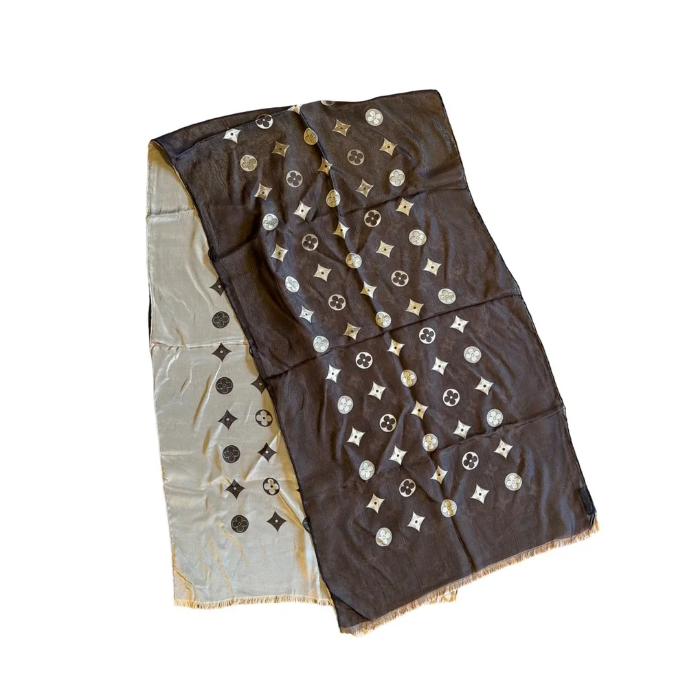 Louis Vuitton VL Silk Monogram Fleur Stole Brown Gold Reversible St Petersburg